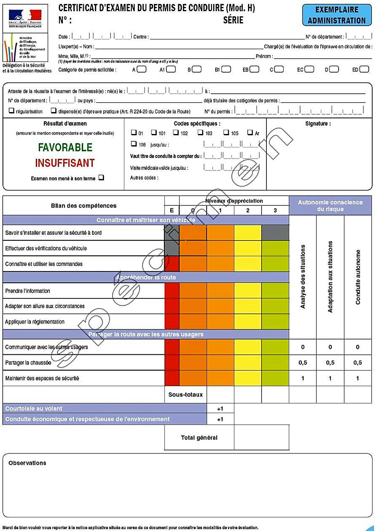 Feuille d'éxamen du permis de conduire