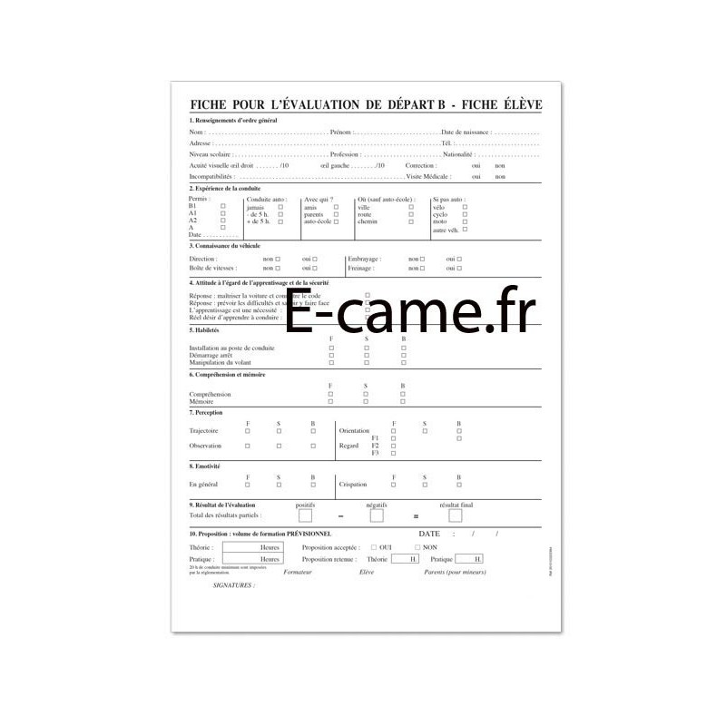Fiches Evaluation Candidat Permis B