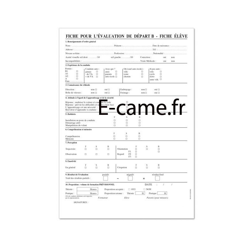 Lot de 25 fiches d'évaluation permis B